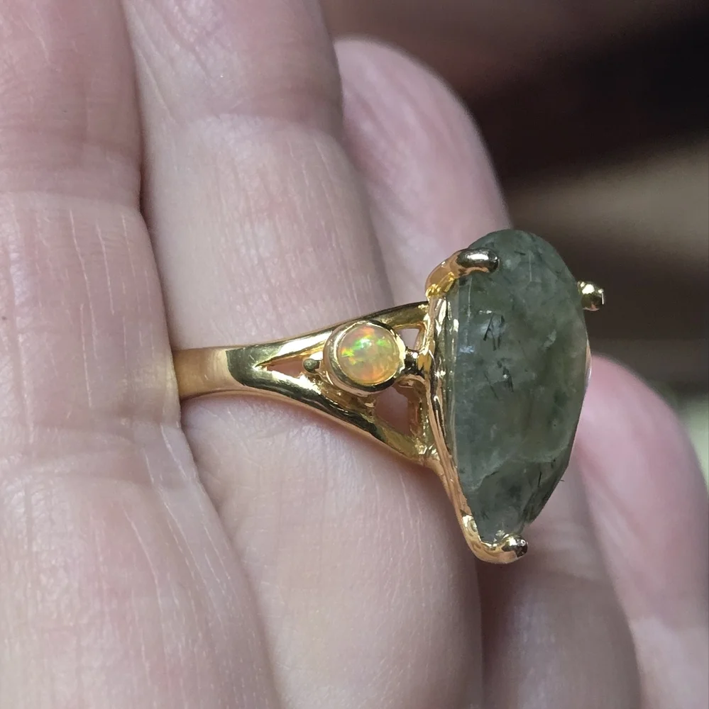 Prehnite & opal sterling & gold Ring sz7.5 - Picture 12 of 15